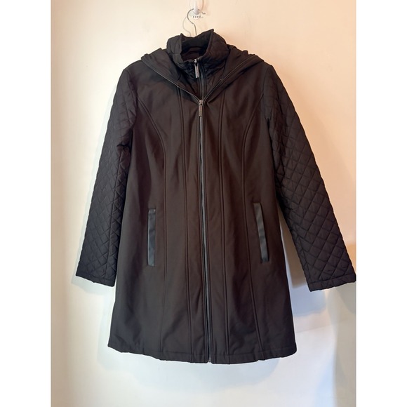 Michael Kors Jackets & Blazers - Michael Kors Long Black Hooded Coat Quilted Sleeves Medium Soft Shell Stretch